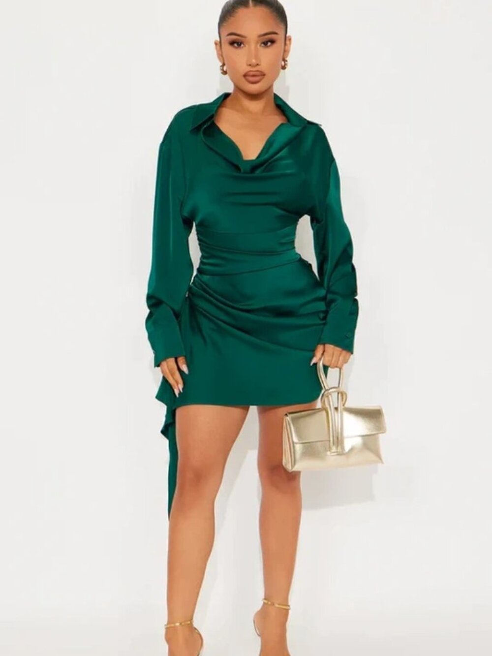 Sally Satin Shirt Mini Dress - Emerald